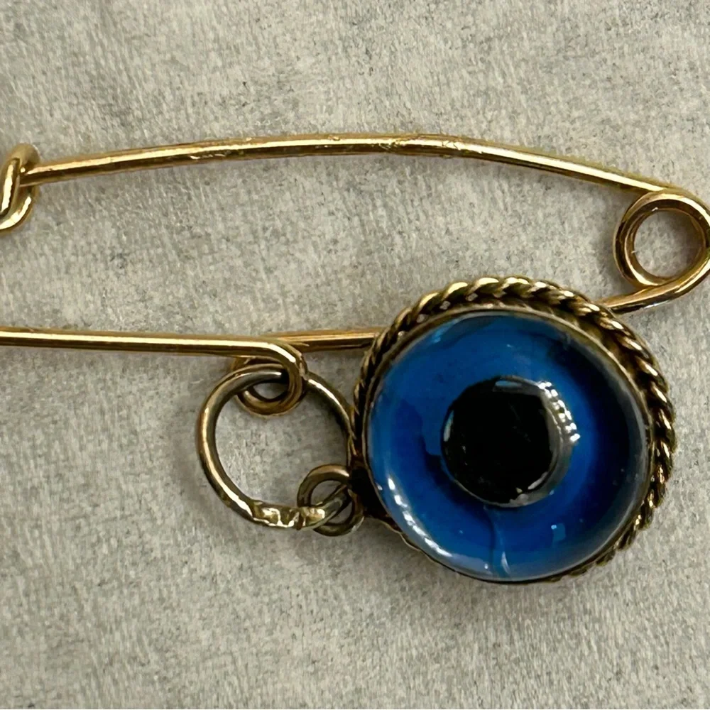 NEW - Vintage 14KT Solid Gold Evil Watchful Eye Safety Pin Pendant Charm Lucky
